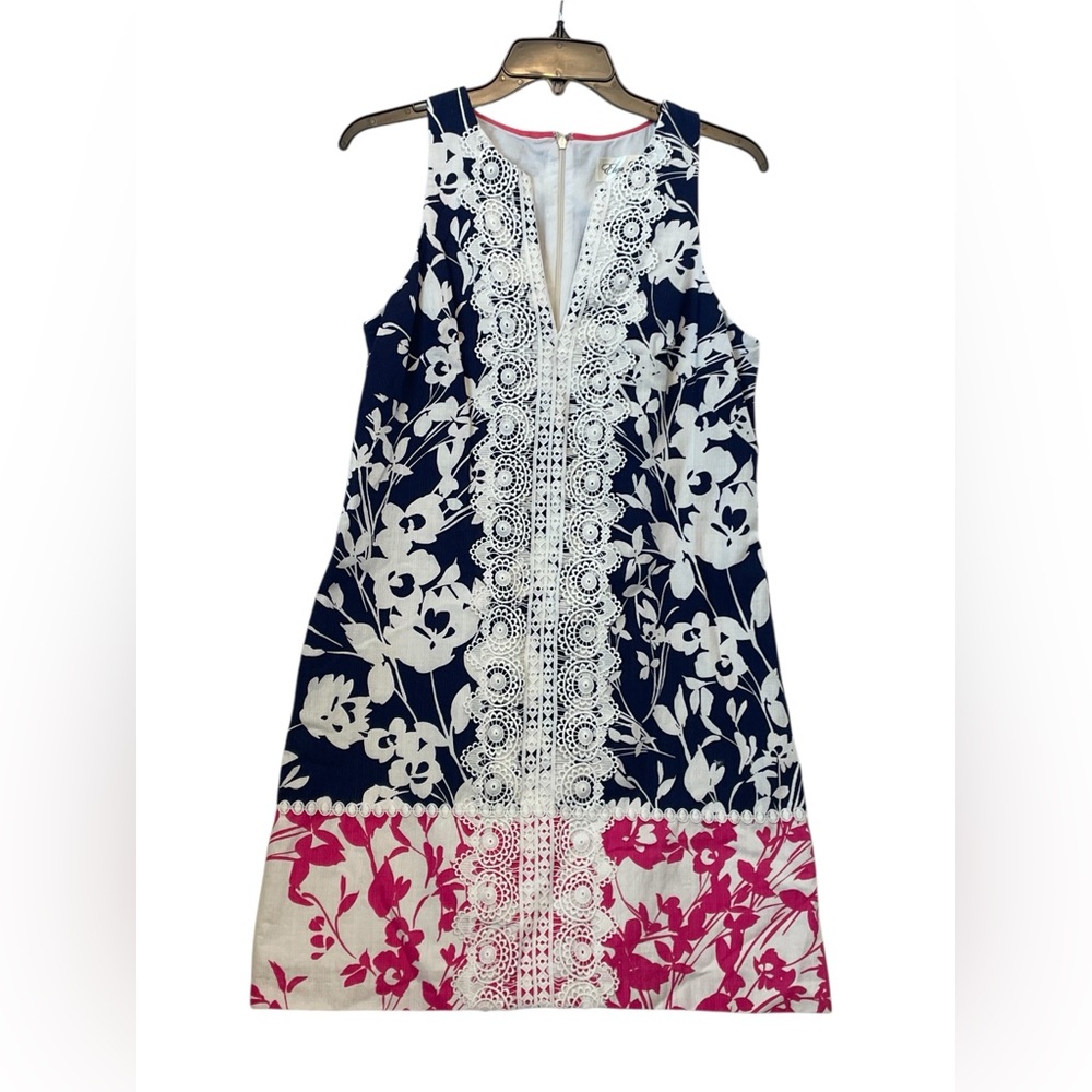 Eliza J Navy Pink Lace Stretch Cotton A-Line Dress